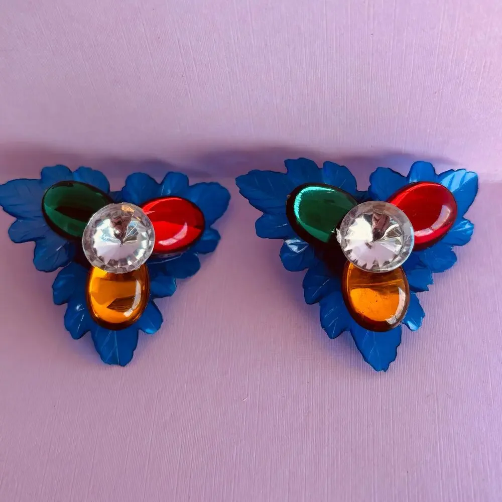 Vintage STATEMENT 1980 Retro Blue Jeweled Floral Clip On Earrings